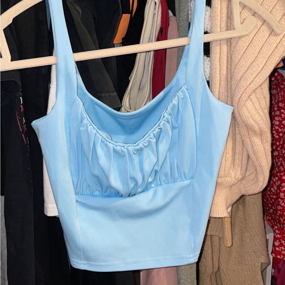 cute blue ruffled tank top